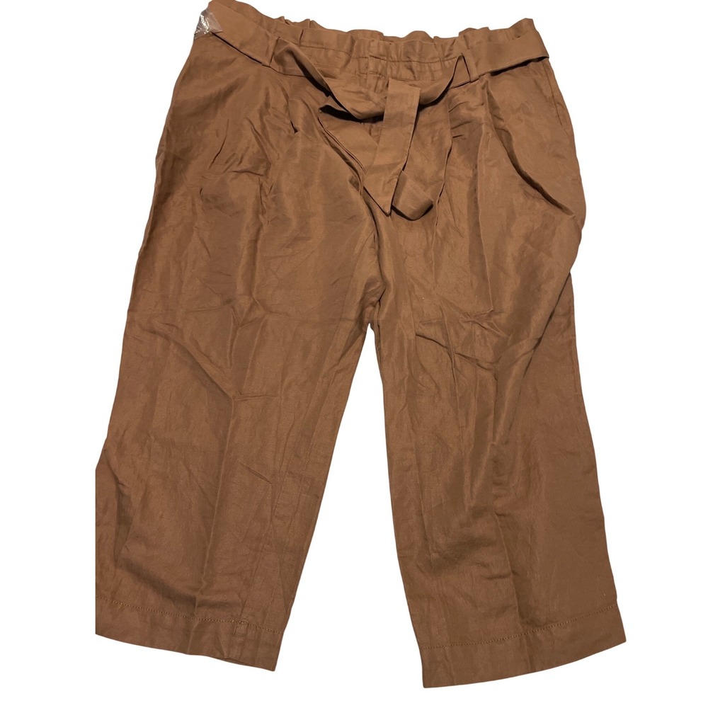 NWT Loft Brown Linen Pants Pleated Waist with tie Belt Womens Size 20